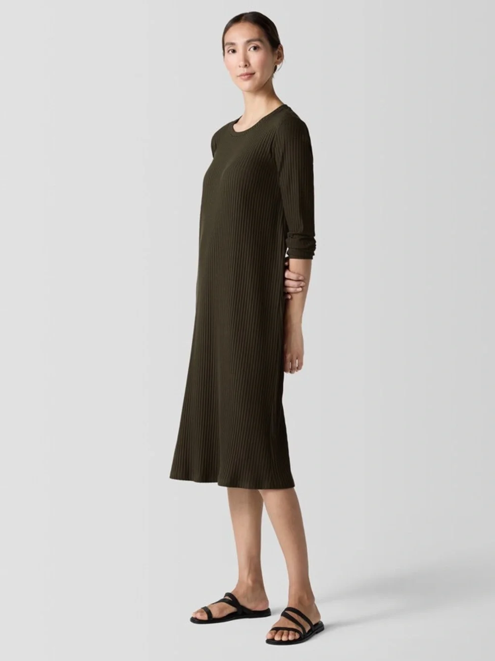 NWT Eileen Fisher Textured Stretch Rib Crew Neck Dress in Wren Chocolate Brown